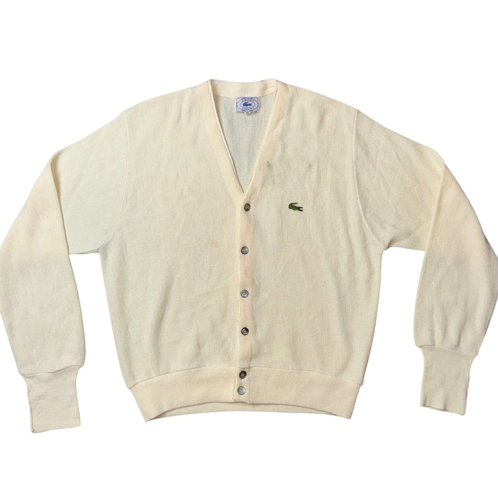VTG IZOD Lacoste Cardigan Sweater Cream V Neck Button‎ Up Acrylic Mens Sz M